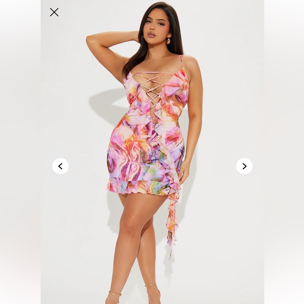 Fashion Nova Pink Multicolor Lace-Up Ruffle Mini Dress